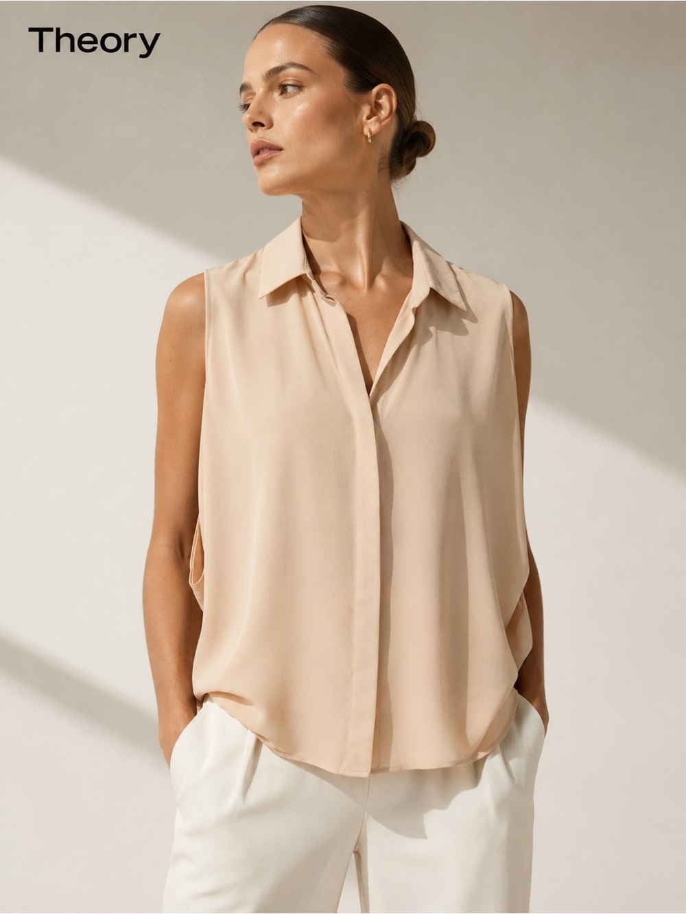 Theory Sleeveless Silk Blouse in Beige